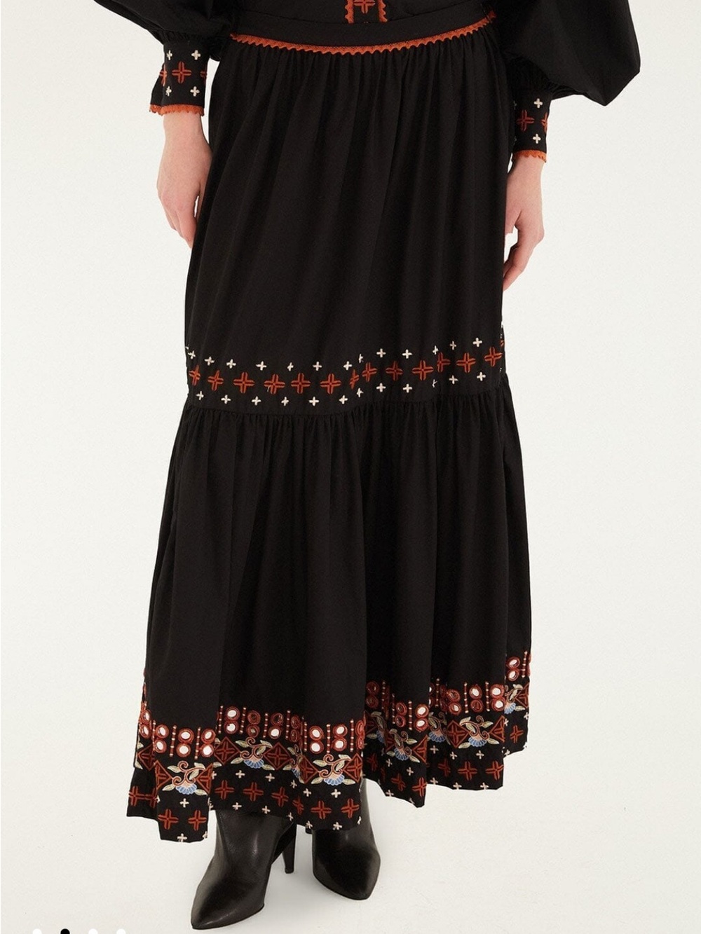 Black Embroidered Tiered Maxi Skirt
